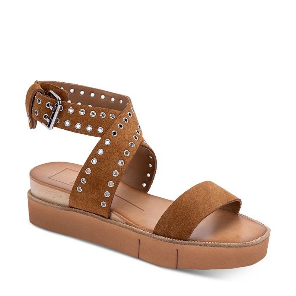 Dolce Vita Panko Stud caramel suede sandals platform wedge size 9